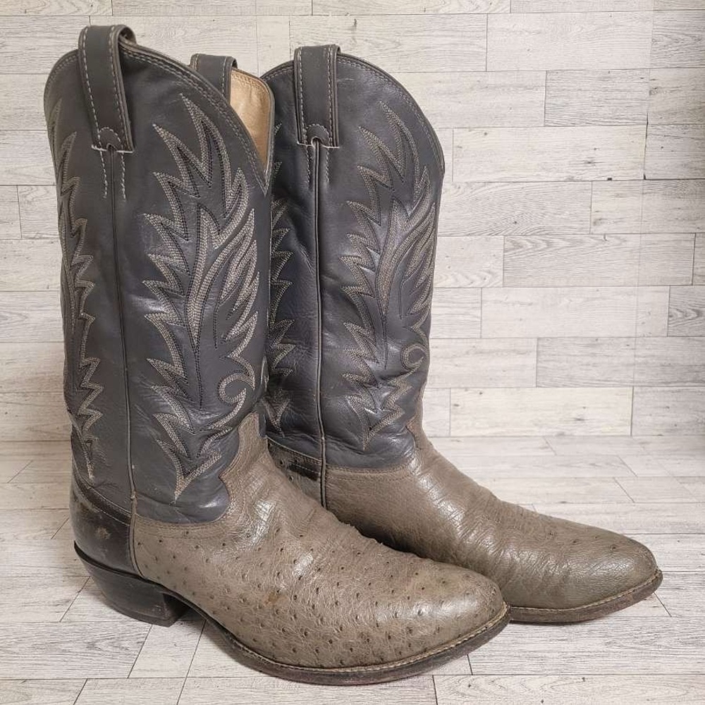 Men's Vintage Justin Western Exotic Grey Ostrich Leather Cowboy Boots Size 10 E